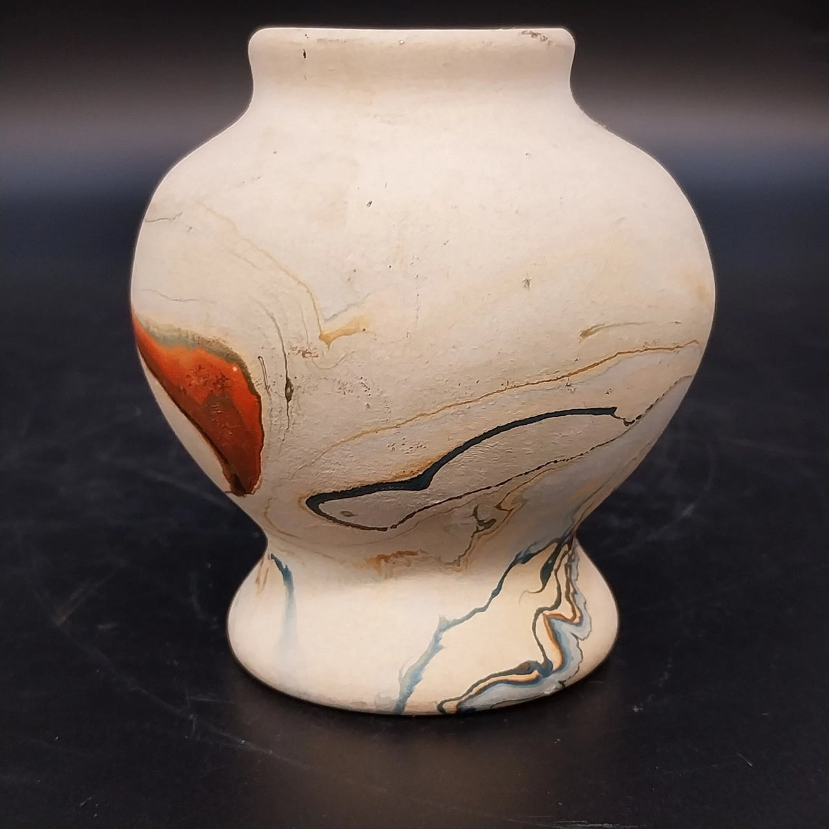 Nemadji Indian Pottery Pedestal Vase Brown Black Marbled Swirl 3.75" Vintage USA