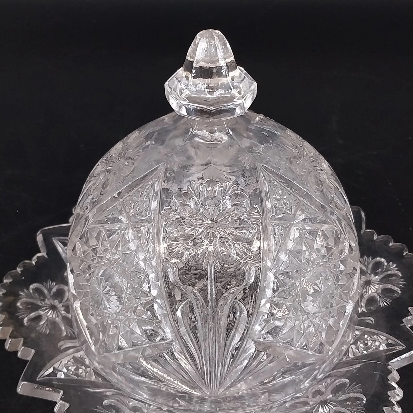Imperial Glass Hobstar Covered Butter Dish Cheese Dome Clear Glass Sawtooth Vtg