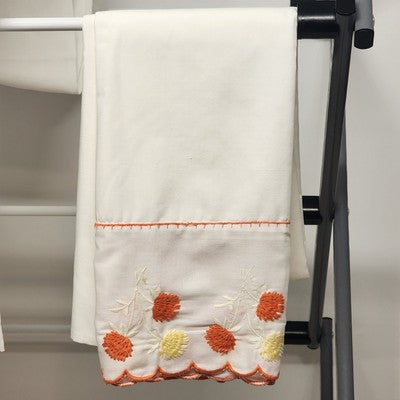Solid White Twin Flat Sheet and Matching Pillow Case w Red & Yellow Floral Trim