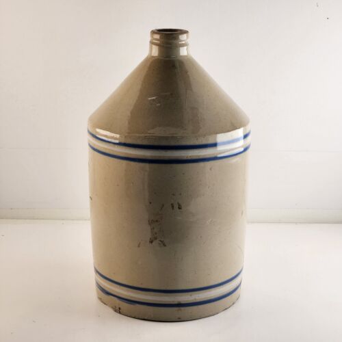 Beige White and Blue Whiskey Crock Jug Unbranded 11½" Tall Vintage