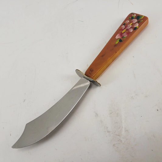 Butter Cheese Knife Hand Painted Bakelite Handle Pink Flowers 5¾" Stainless Vtg