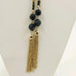 Gold Tone & Black Ribbon Chain w Black Faceted Beads Chain Tassels 48" Necklace