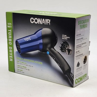 Conair Blue & Black Turbo Hair Dryer with Diffuser & Concentrator 1875 Watt NIB