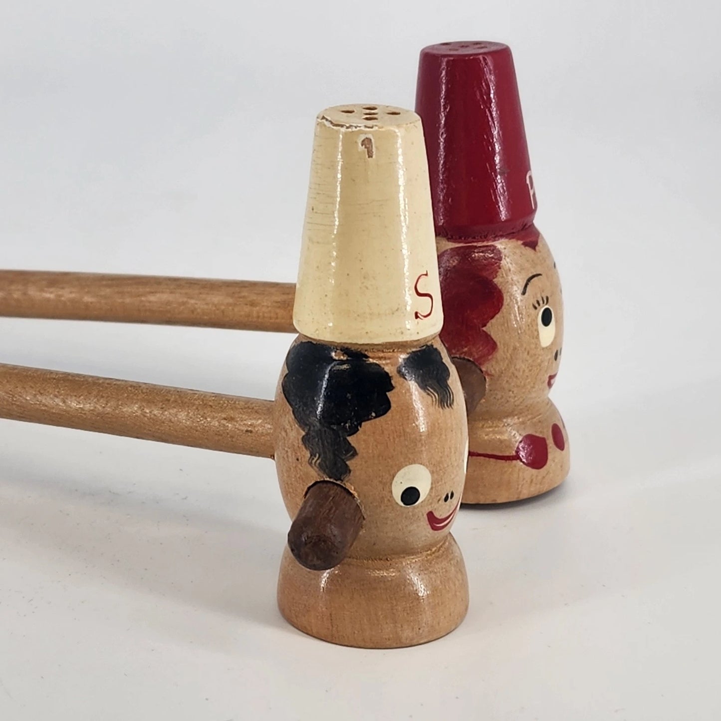 Chef Salt & Pepper Shakers Set Wood Long Handle 3" Japan 1950's Kitchen Decor