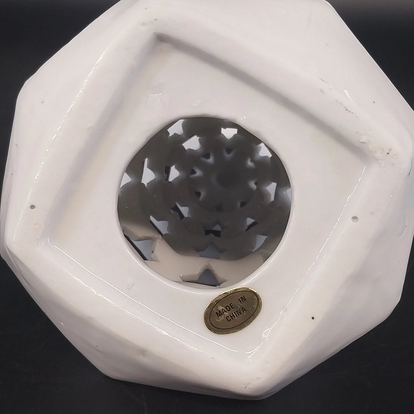White Ceramic Christmas Tree Tea Light Holder Gold Star Cutouts 6.5" Holiday