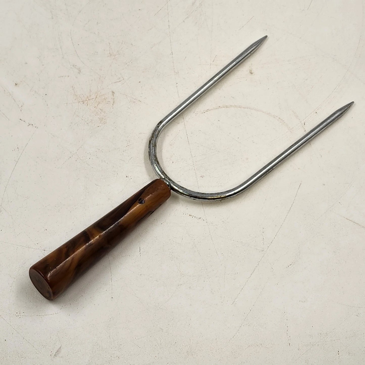 Wide Two Prong Carving Fork Langner Mfg Bakelite Handle Roast Holder USA Vtg