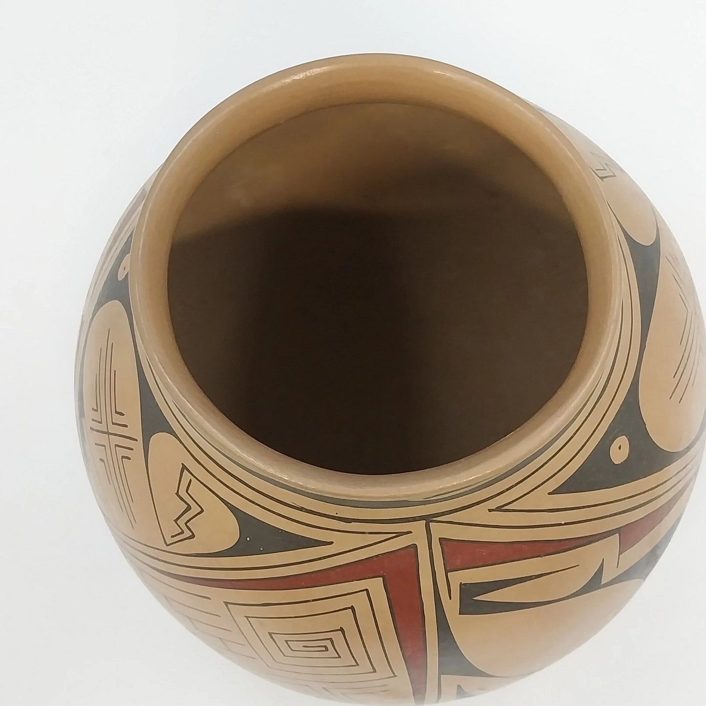 Handmade Mexican Pottery Bowl Geometric Bird Motif Tan Black Red 7" Round Bottom