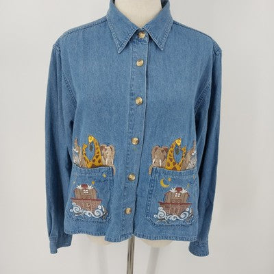 Christopher & Banks Denim Jacket L Noah's Ark Animal Embroidery Long Sleeve