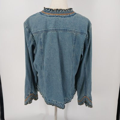 Country Door Denim Jacket 1X Women’s Blue Embroidered Long Sleeve Ruffled Hem
