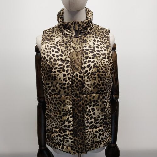 Jones New York Cheetah Print Puffer Vest Zip Button Pockets SZ Small Sleeveless