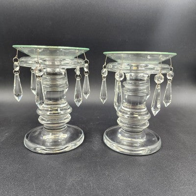 Set of 2 Heavy Crystal Glass Candle Holders Bobeche Pedestal Pendalogues Accents