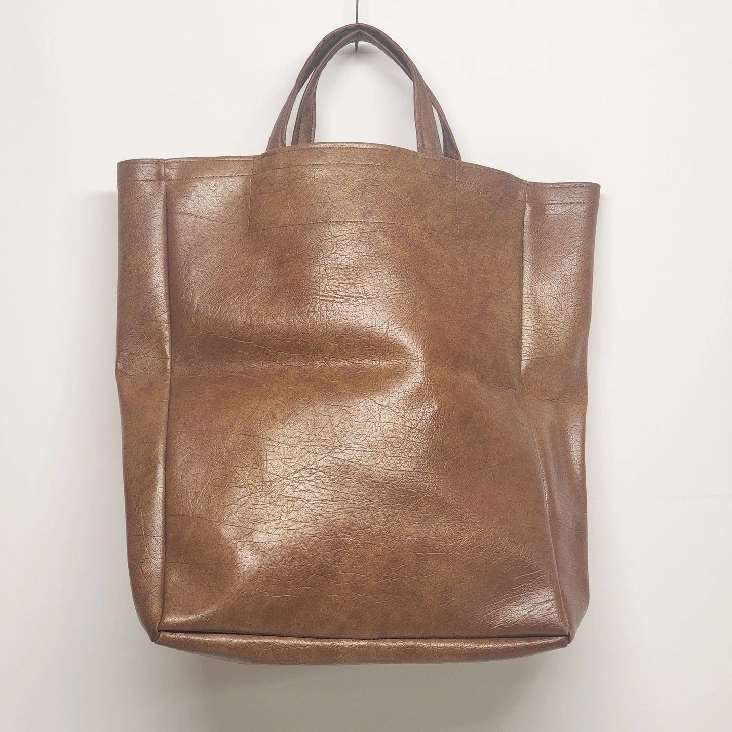 Brown Faux Leather Women's Tote Bag Large Shopper Korean Style Minimalist 16"h