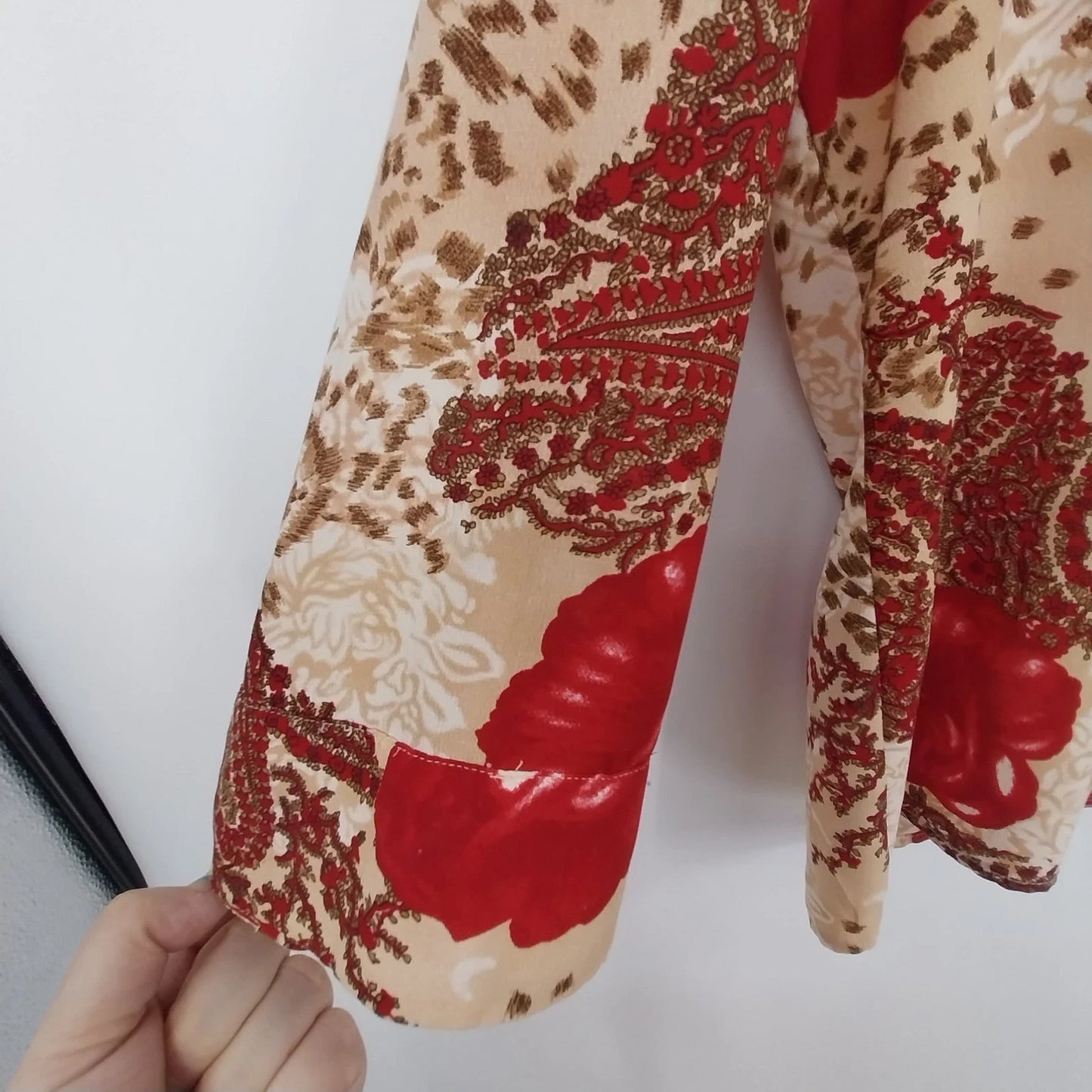 Jaipur Floral Blouse Women Medium Red Beige 3/4 Sleeve Button Front Top