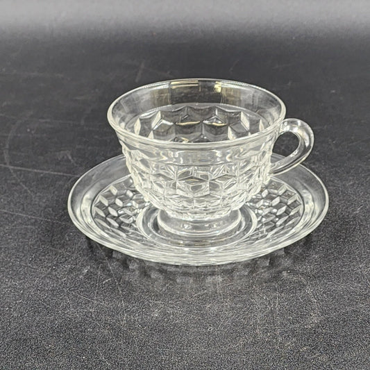 Fostoria American Clear Coffee Cup & Saucer Cubist Design Pressed Glass Vintage