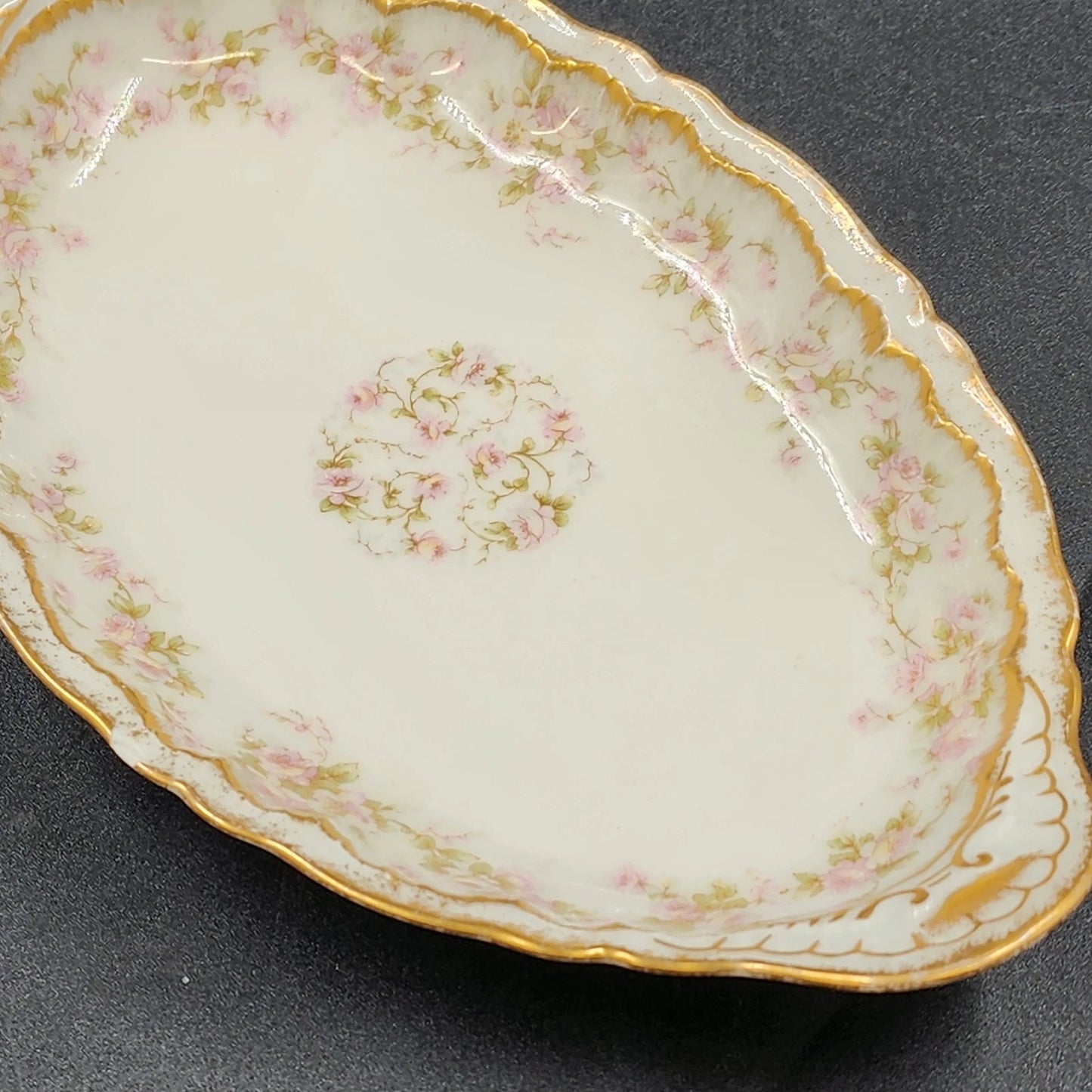 Limoges Ardennes Relish Dish 9.25" Pink Roses Gold Trim Theodore Haviland France