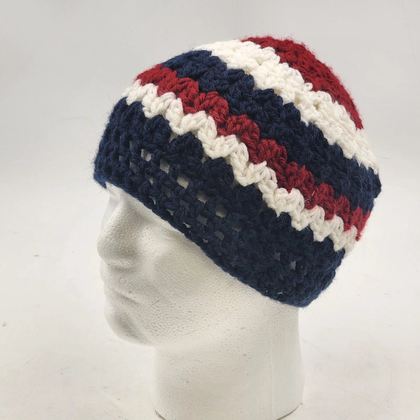 New Handmade Crochet Messy Bun Beanie Navy Blue Red White Ponytail Hat Medium