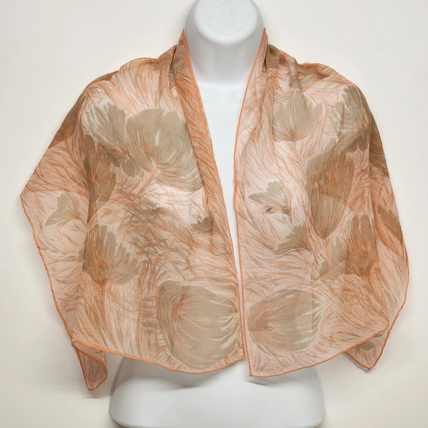 Peach Nylon Neck Scarf Sheer Floral Leaves Print 40"x15" Finished Edge Vintage