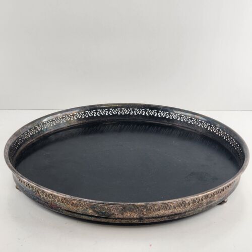 Reticulated Round Cocktail Serving Tray Black Formica Silver Plated 10.5" Vtg