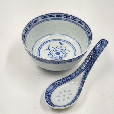 Blue White Chinese Porcelain Bowl & Spoon Set Rice Grain Motif
