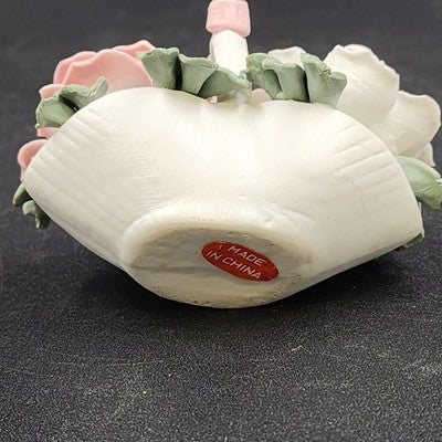 Capodimonte Style White Basket 2.75" w Pink Roses Flower & Bow Porcelain China