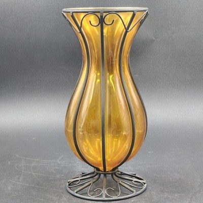 Cage Amber Glass Hand Blown Wrought Iron Vase Centerpiece Pedestal Base 12" Tall