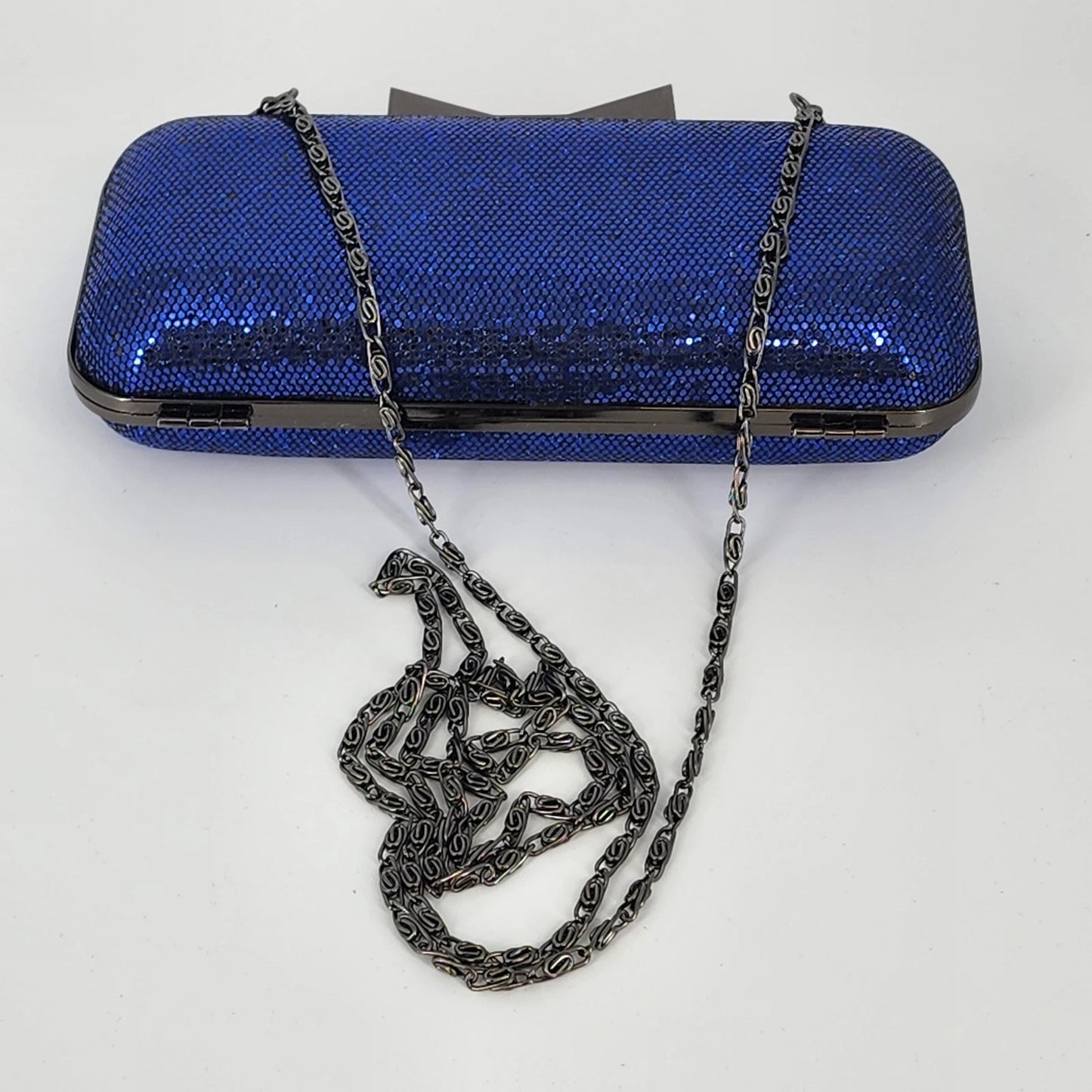 Blue Sparkle Bow Hard Shell Clutch Crossbody Purse Gunmetal Chain Strap 7"