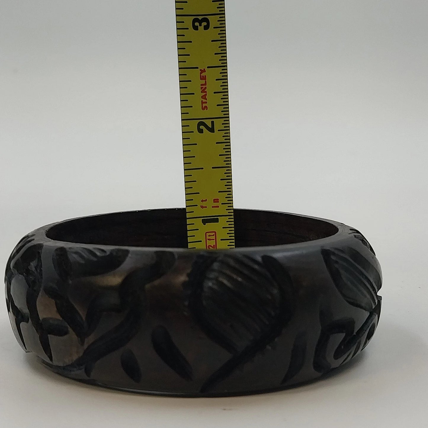 African Hand Carved Wood Wide Bangle Bracelet 2.5" Black Animal Design Tribal