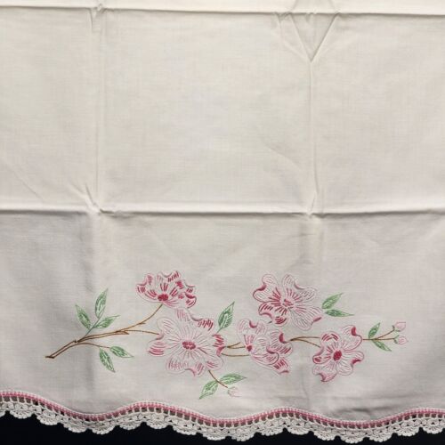 2 White Pillowcases With Embroidered Flowers & Pink White Crochet Edge Vintage