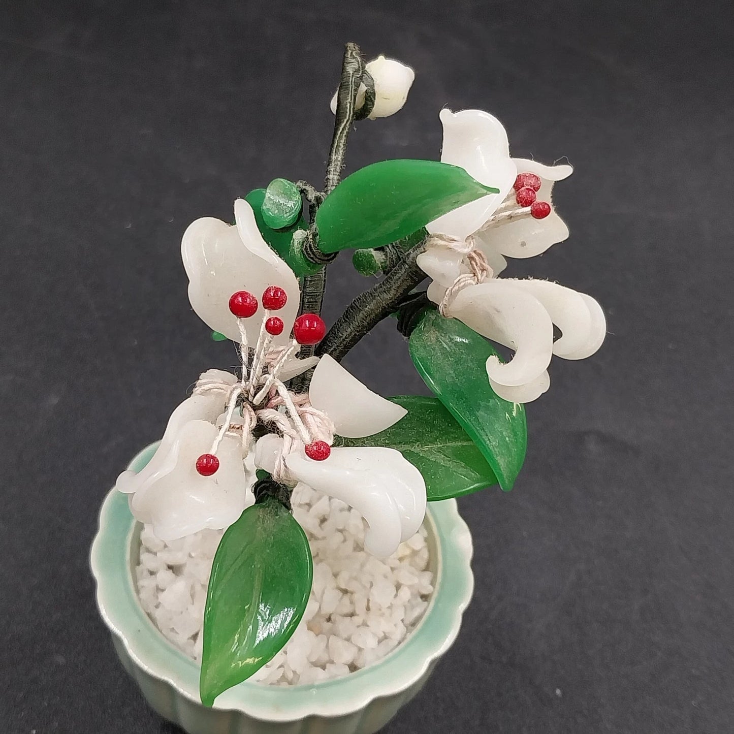 Chinese Glass Bonsai Tree in Celadon Pot 4" White Flowers Leaves & Red Berries