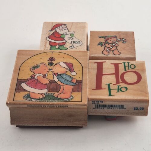 Lot of 4 Holiday and Christmas Themed Wooden Mounted Rubber Stamps Vintage