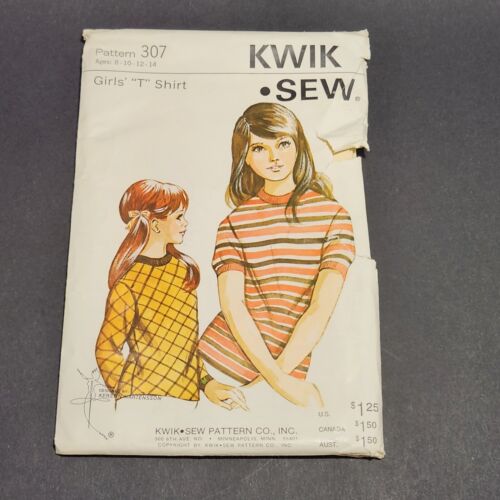 KWIK SEW 307 Vintage Sewing Pattern Girls T Shirt Sizes 8 thru 14 Uncut