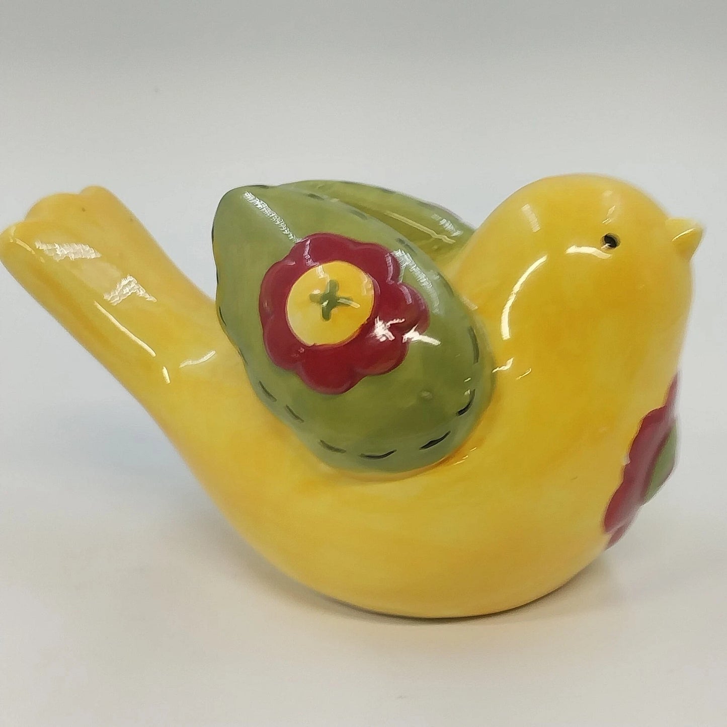 Whimsical Yellow Ceramic Bird Figurine Floral Folk Art Home Decor 7" Farmhouse