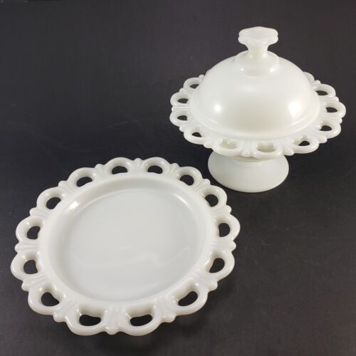 Anchor Hocking Lace Edge Milk Glass Footed Compote with Lid and Matching Plate