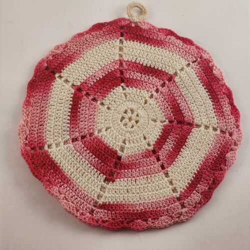 Lot of 2 Round Vintage Hand Crochet Knitted Potholders Red Pink and White