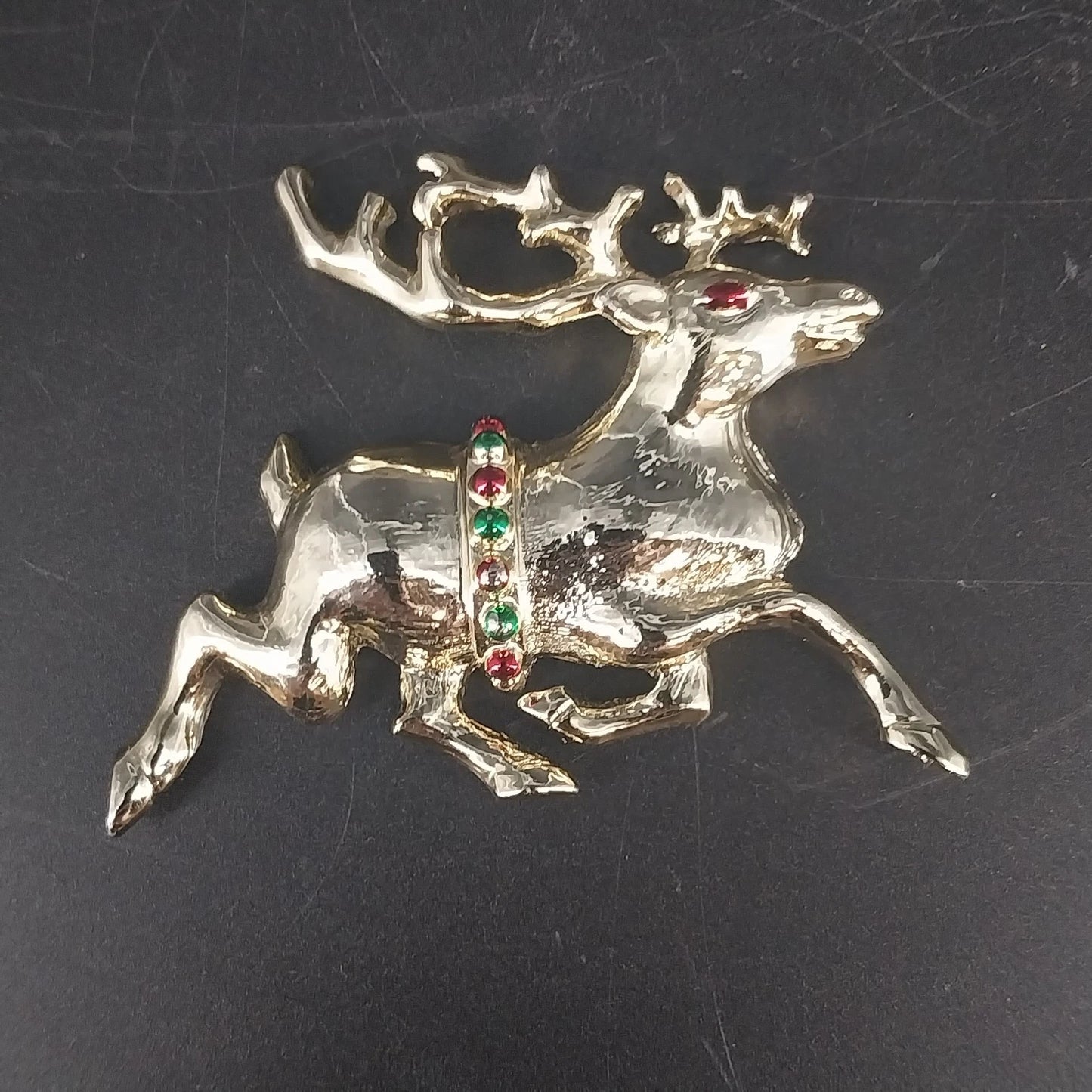 Reindeer Brooch Gold Tone Red Green Rhinestone Christmas Pin 2.5"x2" Vtg Holiday