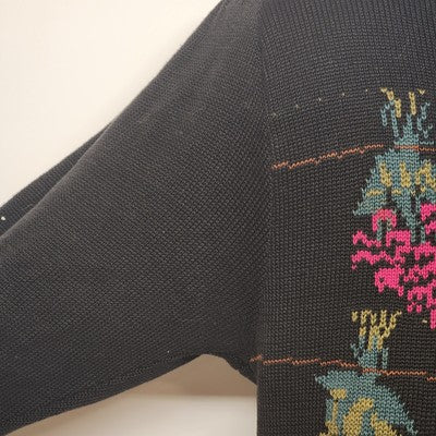Cullinane Black Silk Blend Sweater L Floral Embroidery Shoulder Pads Vintage