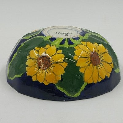 Mexican Folk Art Pottery Serving Bowl 8”x3" Talavera Sunflowers and Leaf Design