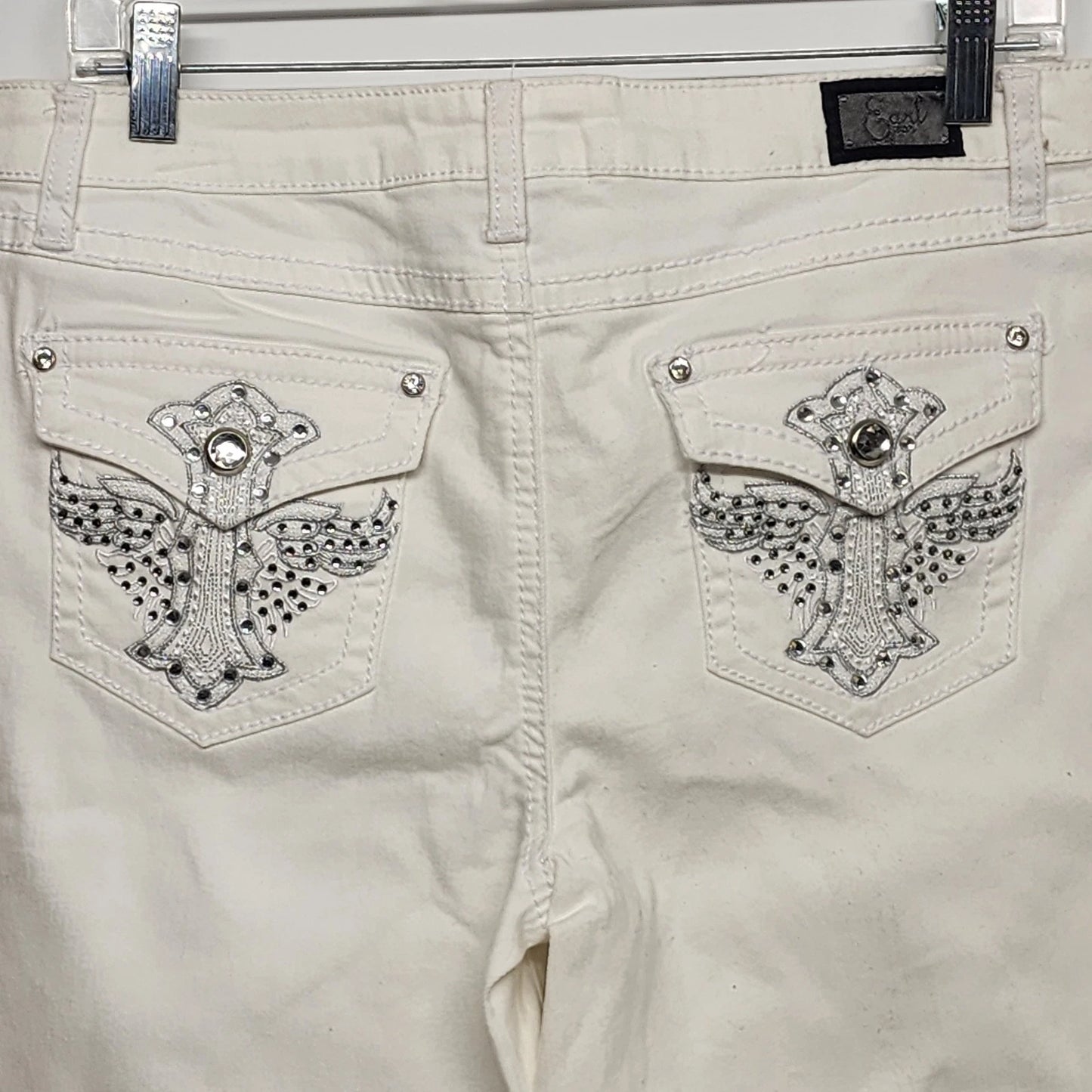 Earl Jean White Rhinestone Straight Leg Cuffed Denim Jeans 10