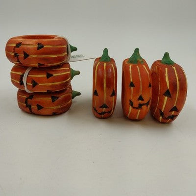 Set of 6 Gallerie II Pumpkin Jack O’Lantern Halloween Wood Napkin Rings 3"dx1"h