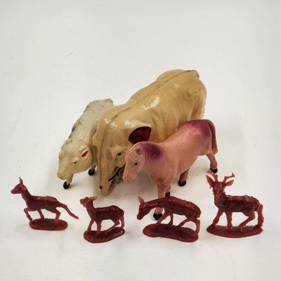 Lot of 7 Plastic Celluloid Blow Mold Animals Toy Figurines Vintage Japan 1950's