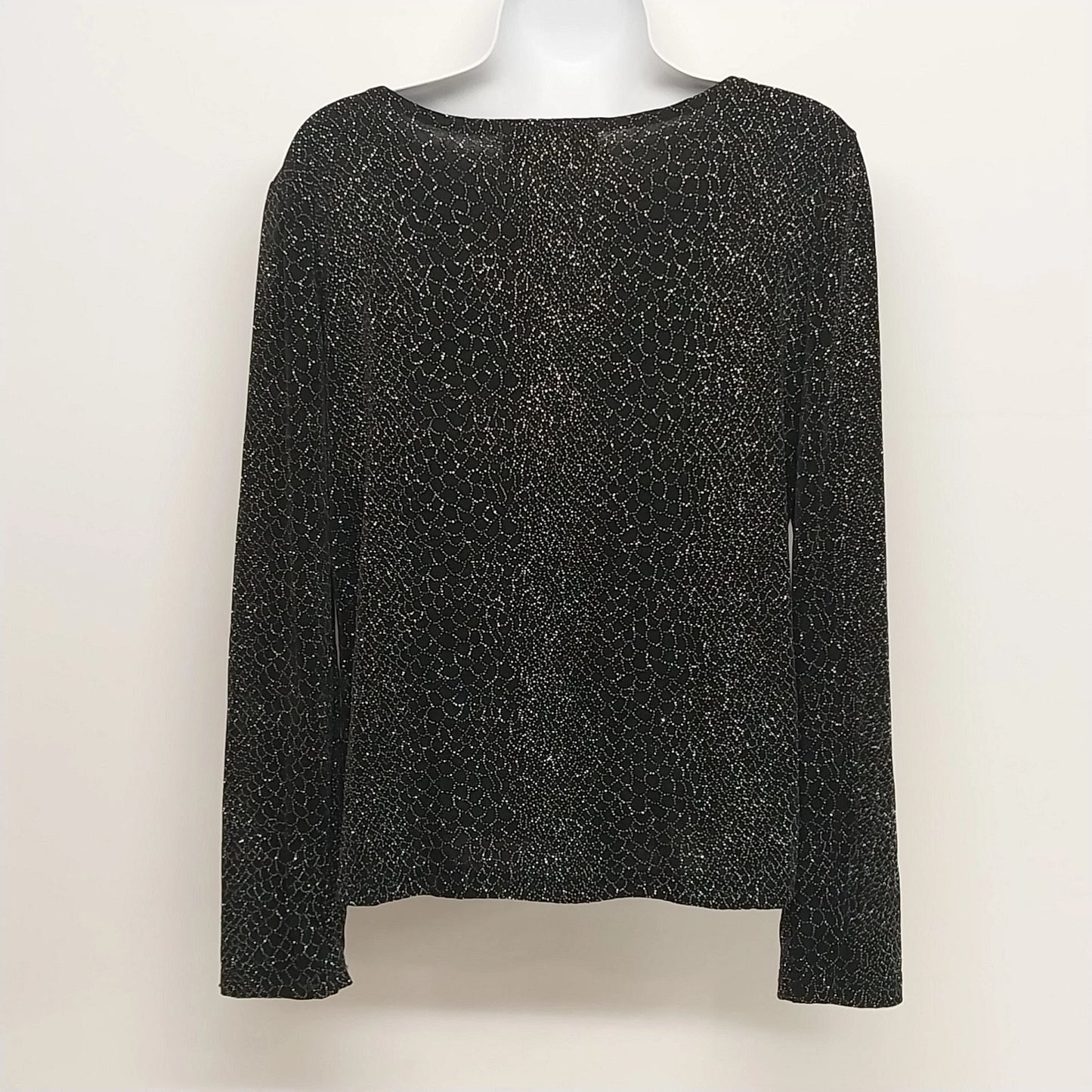 Claudia Richard Women's Black Silver Stud Glitter Top Large V-Neck Long Sleeve