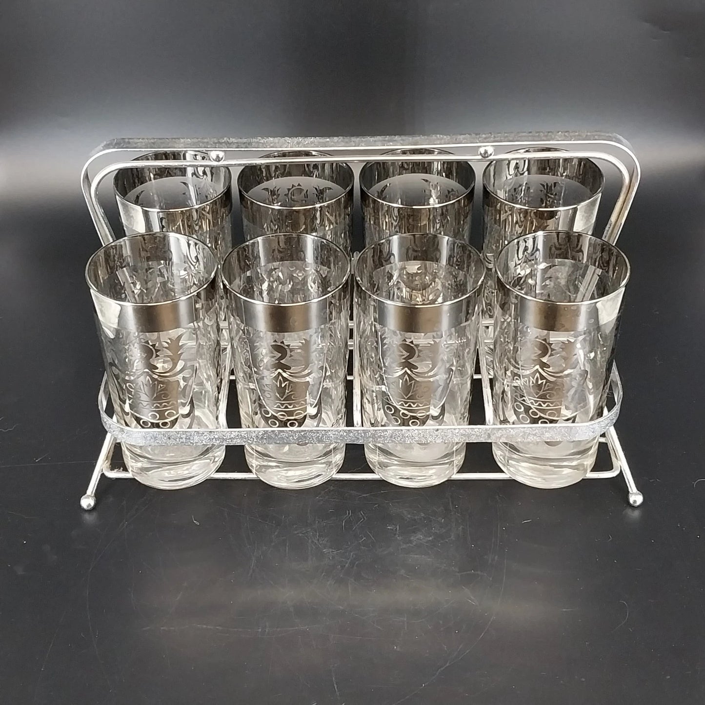 Kimiko Silver Knight Shield Highball Glasses 5.5" Set of 8 Metal Carrier MCM Vtg