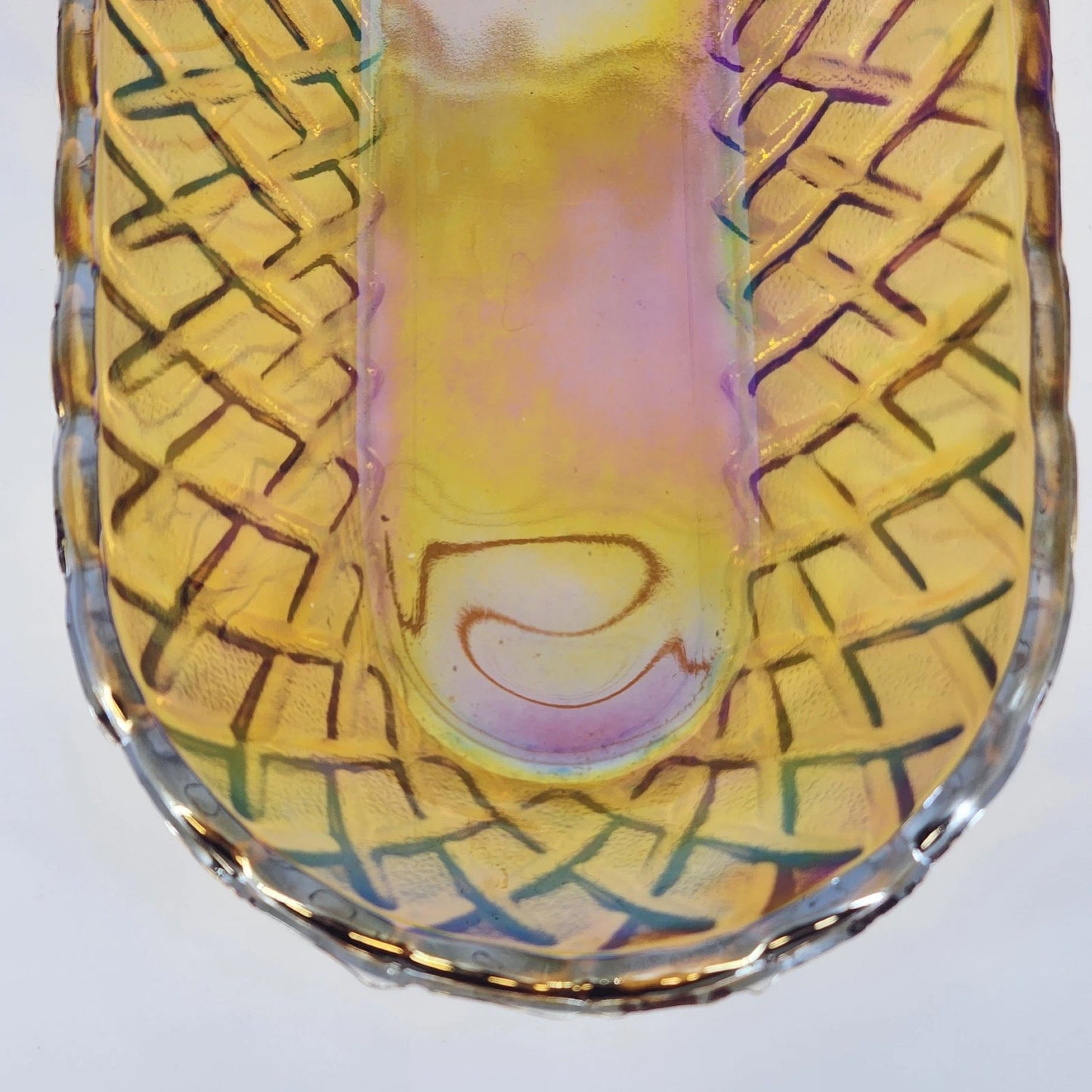 Amber Iridescent Carnival Glass Oval Serving Bowl Scalloped 10.5