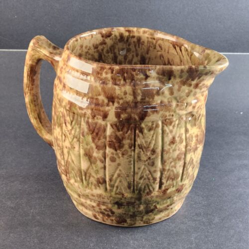 Morton Pottery Beige & Brown Ceramic Spongeware Pitcher Vintage Barrell Style