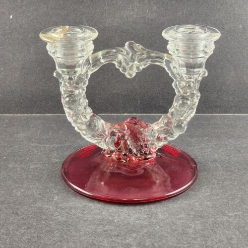 Double Light Candlestick Garland Clear w Cranberry Base Indiana Glass Vtg 5.5"h