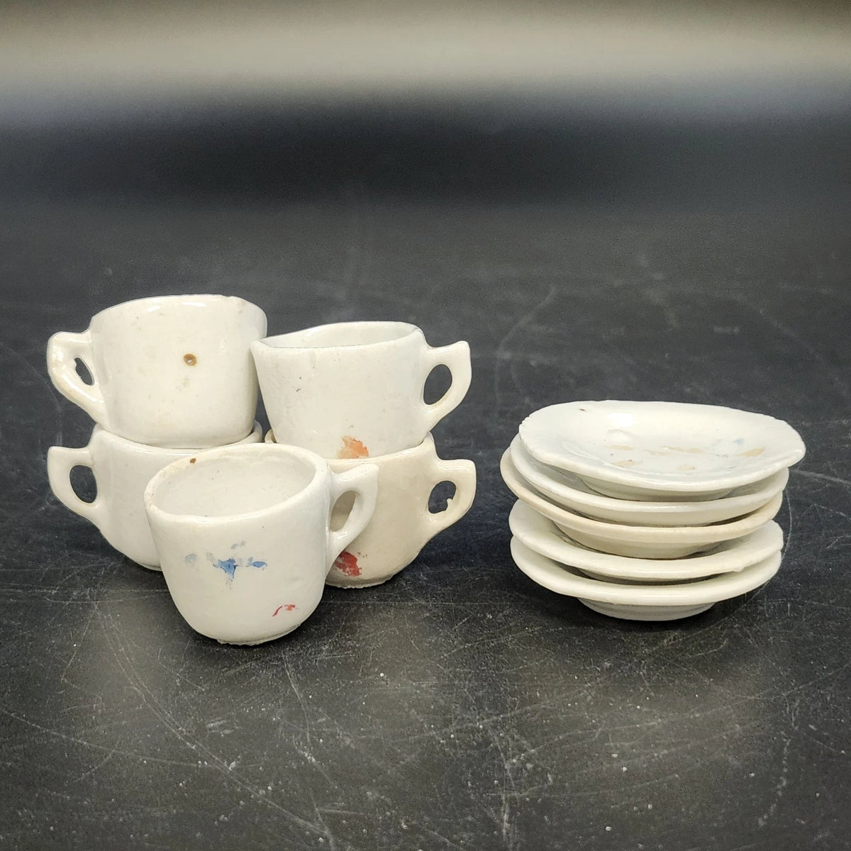 Miniature Tea Set Hand Made White Studio Porcelain Cups Saucers 2" 10pc Vintage