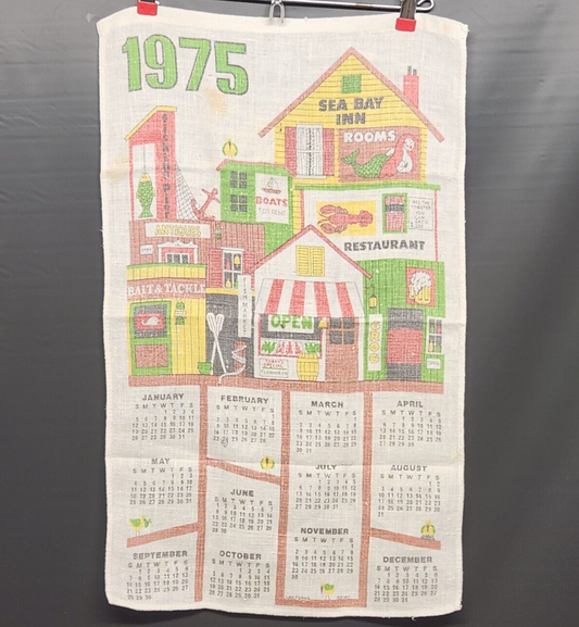 OceanWalk 1975 Calendar Linen Kitchen Towel Multicolor Lobster Seabass Inn Stain