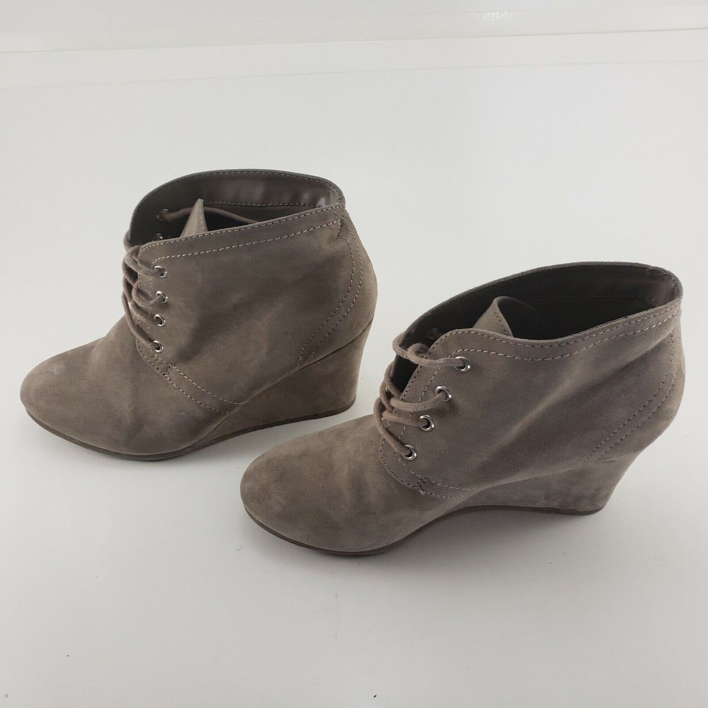 Taupe Suede Ankle Boot Women's Wedge Heel Round Toe Lace Up Booties Size 6