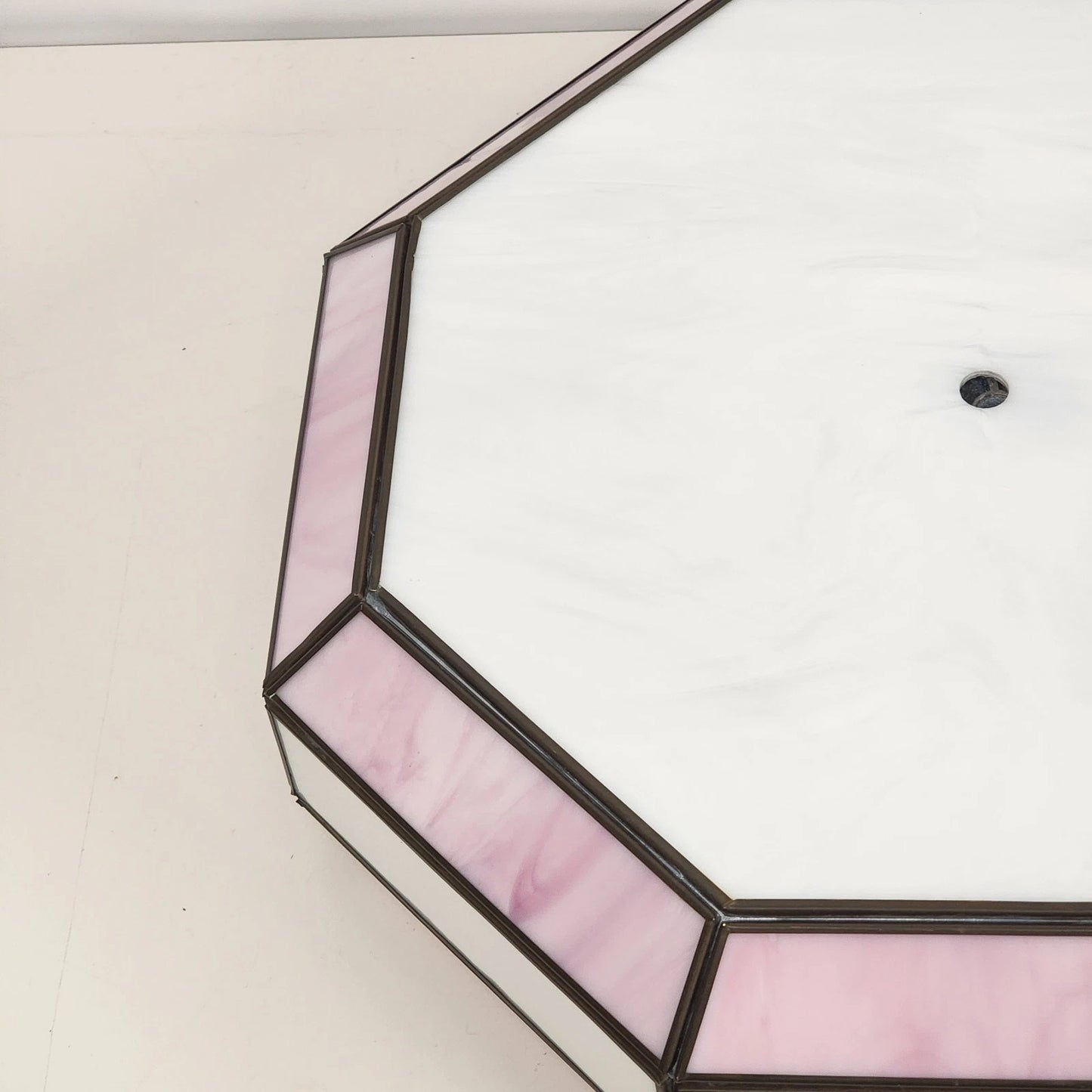 Octagon Leaded Stained Glass Ceiling Lamp Shade Pink White Slag Glass 13”x11"