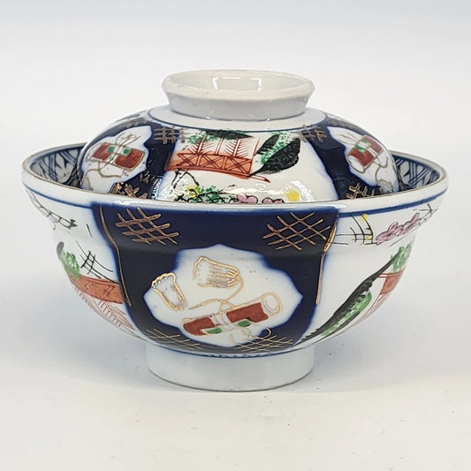Japanese Imari Covered Rice Bowl Porcelain 6" Hand Painted Cobalt & Rust Vintage